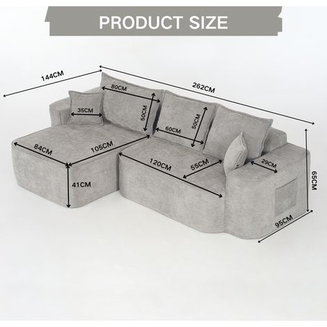 Canapé d’angle L « Cloud Bed » 262 cm avec chaise longue,siège bas XXL,sans montage,canapé modulaire en chenille grise pour le salon