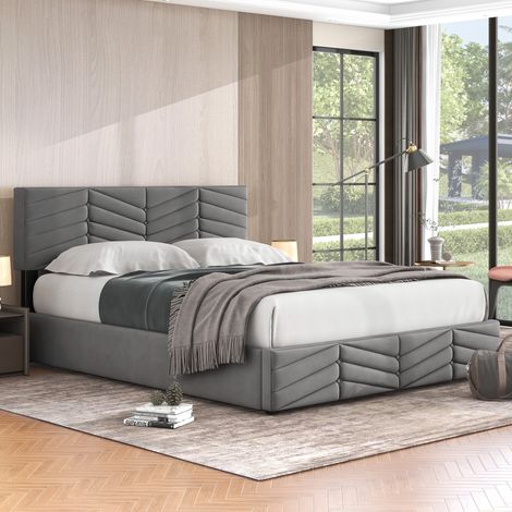 Cama almacenaje 140x190 cm almacenaje hidráulico cabecero regulable terciopelo color gris (Sin colchón) (1/5)