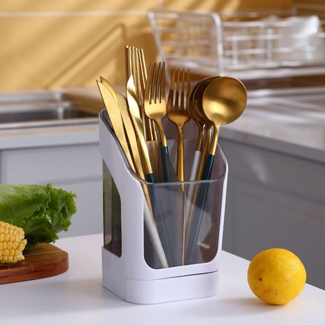 Support Pour Couverts - Rangement À Égouttage Pour Baguettes Cuillères Fourchettes - 3 Compartiments - 18,5 x 11 x 10,5 cm - 1 Pièce (1/4)