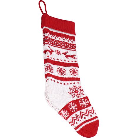 Großer gestrickter Weihnachtsstrumpf mit einer Tüte Süßigkeiten, entzückender Weihnachtsdekoration und doppelten hängenden Hirschstrümpfen (1/5)