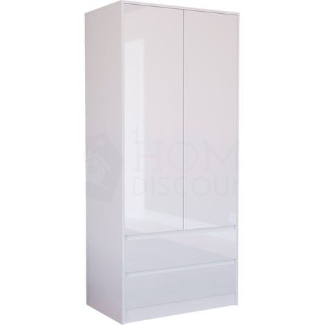 Glinton 2 Door 2 Drawer Wardrobe High Gloss With Hanging Rail & Storage Shelf, 100% FSC, White (1/5)
