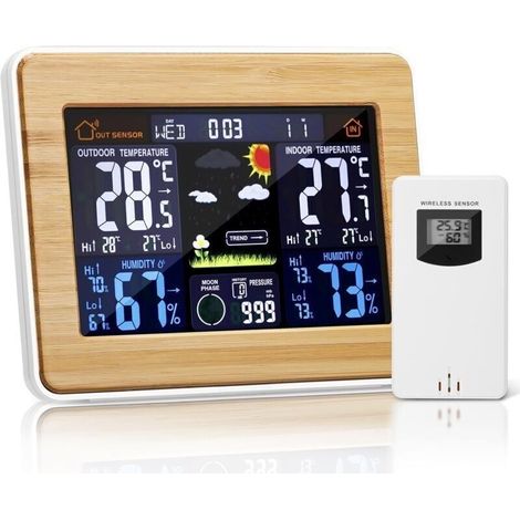 Station météo numérique sans Fil avec capteur extérieur – avec Heure, Date, température, humidité, baromètre, Alarme, Affichage des Phases de Lune, thermomètre Multifonction