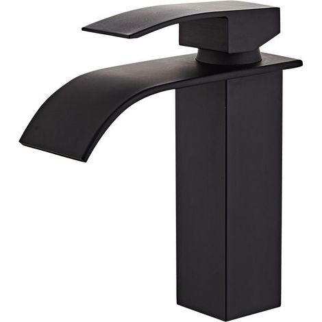 Mélangeur de robinet de lavabo cascade noir, robinet de salle de bains moderne à poignée unique pour robinet d\'évier de comptoir adapté à l\'évier intégré (1/5)