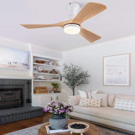 Ventilador de techo de 42 pulgadas con luz LED, 3 aspas de ABS, 6 velocidades, control remoto, metal y madera blanca natural. (1/5)