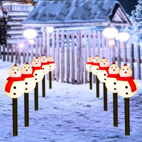 Guirlandes lumineuses solaires de Noël - Rechargeables à l'énergie solaire - Pour allées extérieures, etc. - Bonhomme de neige, lot de 10