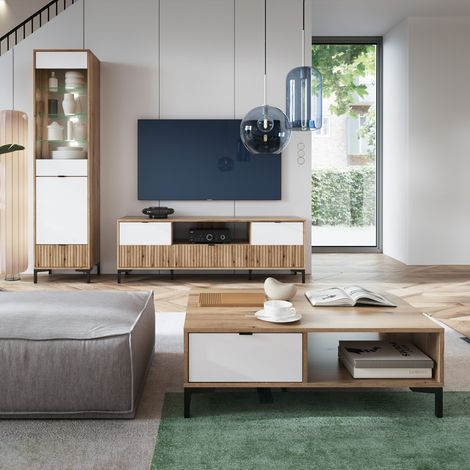 Wohnwand Set Eiche mit weiß und Rillen Design modern RISBY-129 3-teilig mit Couchtisch (1/5)
