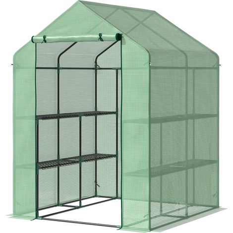 Outsunny Foliengewächshaus begehbares Gewächshaus mit 8 Regalebenen Tomatengewächshaus Treibhaus Frühbeet mit Tür Grün Stahl PE-Kunststoff 143 x 138 x 190 cm