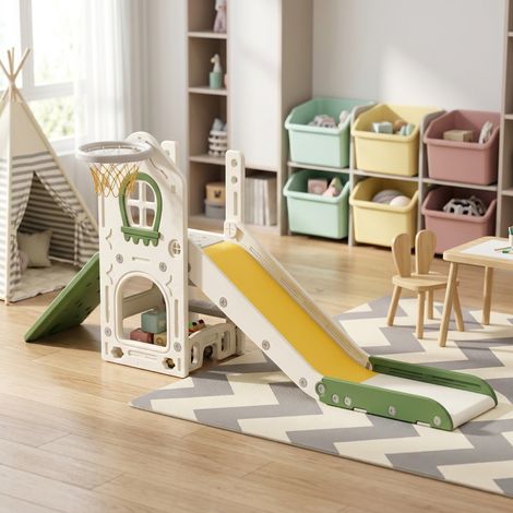 Scivolo per bambini 4 in 1 pieghevole, con arrampicata, canestro e cestino portaoggetti, polietilene bianco crema (1/5)