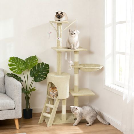 Kratzbaum Katzenbaum mit Höhle, 4 Spielzeuge, Sisalstämme, große Plattform, Treppe, für Katzen unter 5 kg, Beige