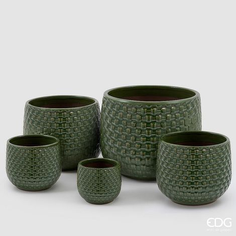 EDG Enzo De Gasperi Vaso Cachepot Bombato a Riquadri Ceramica Verde – Set 5 Pezzi (1/5)