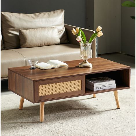 REDOM - Tavolino da caffè con anta scorrevole in rattan, vano contenitore integrato, gambe stabili regolabili, MDF marrone (1/5)