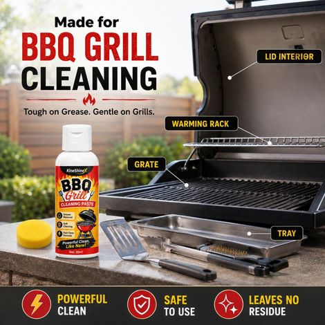 KineShineX BBQ Grillreinigerpaste entfernt kraftvoll hartnäckiges Fett und angebrannte Speisereste von Grillrosten, Grillpfannen und Grilldeckeln. (1/5)