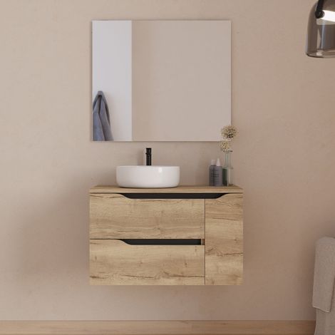 Meuble de salle de bain 80cm avec plateau, vasque à poser déportée à gauche Ares et miroir - 2 tiroirs et un placard - madera miel (bois clair) - ZARZA