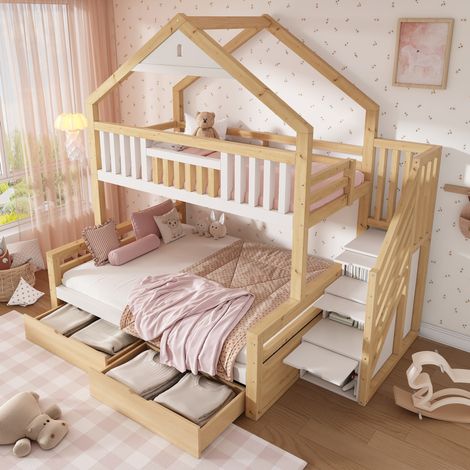 Litera infantil 90x200 y 140x200 cm blanca y roble de madera con escalera y cajones (1/5)