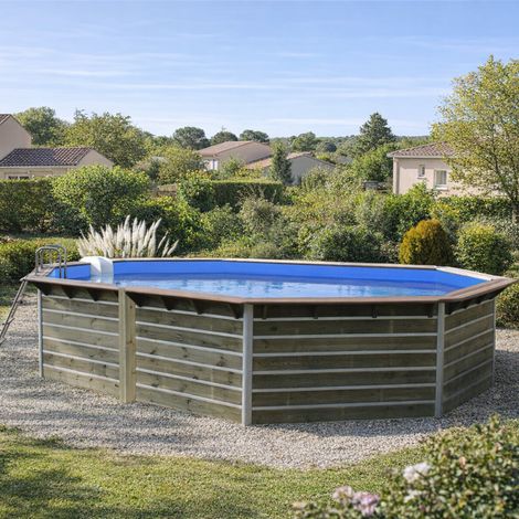 Piscine bois WATERCLIP octogonale 550x375x129 cm ST BERNARD – 19m³ – filtration incluse – montage rapide 2h