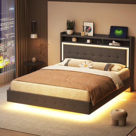 Lit double gris 140x200 cm avec sommier relevable, tête de lit rembourrée, ports USB et éclairage LED intégrés, piètement invisible, housse en lin, design gain de place. (1/5)