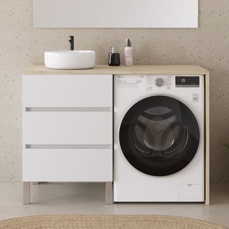 Meuble lave linge 124cm avec plateau nebraska et vasque ronde - sans miroir - 3 tiroirs - blanc/nebraska (chêne clair) - CRUZ (1/5)