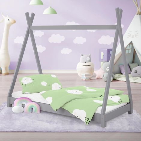 ML-Design Letto Montessori Tipi per Bambini 80 x 160 cm Grigio Chiaro, in Legno di Pino Massiccio, con Rete a Doghe, Lettino Basso a Forma di Tenda Indiana, Giroletto Singolo a Capanna per Cameretta
