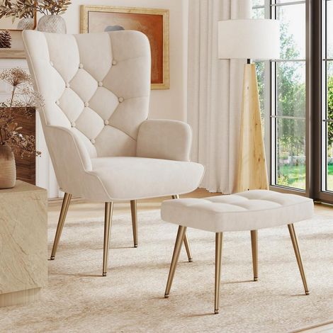 Sessel mit Hocker, modern, Samt, bis 150 kg, Creme (1/5)
