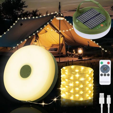 Guirlande LED Solaire Rétractable 22m,Blanche Chaud,9 Modes, USB, Étanche Portable, Déco Camping/Jardin/Fête (1/5)