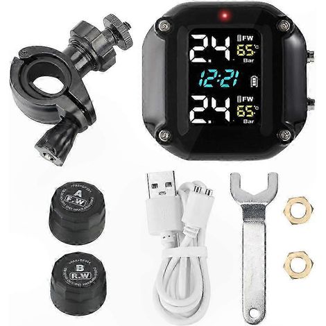 Sistema universal de monitoreo de presión de neumáticos para motocicletas con 2 sensores externos, cargador USB y kit de alarma de temperatura para accesorios de bicicletas y ciclomotores. (1/5)