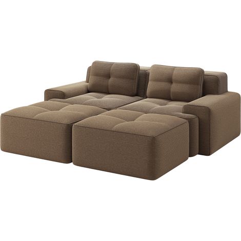 Sofá modular en U de terciopelo acanalado marrón con otomana, sin montaje, 204 x 177 x 69 cm (1/5)