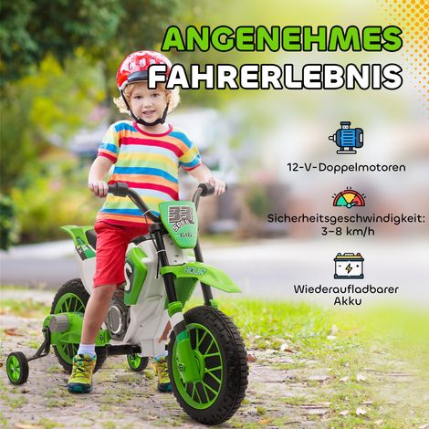 Moto électrique enfant 45min autonomie avec roulettes stabilisatrices, dès 3 ans, vert et blanc, 106,5 x 51,5 x 68 cm (1/4)