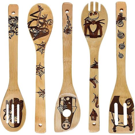 Ensemble d'ustensiles de cuisine d'Halloween, 5 spatules en bambou, motif Halloween élégant, ustensiles de cuisine écologiques pour les fêtes. (1/5)