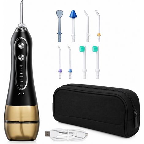 Hydropulseur buccal, noir, 5 modes, 8 embouts, 300 ml, sans fil, nettoyeur dentaire professionnel (1/5)
