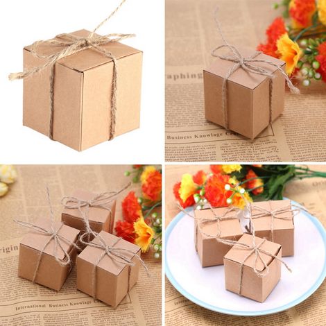Boîte cadeau kraft 50PCS marron corde chanvre 5x5x5cm wedding chocolate favor party élégance vintage (1/5)