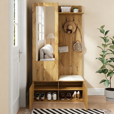 Ensemble de meuble d’entrée comprenant 5 patères, un miroir, un meuble à chaussures, une étagère supérieure avec compartiment dissimulé et un banc d’entrée pour le couloir. (1/5)