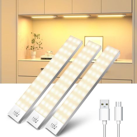 Lampe de Placard Lot de 3, 1000mAh 3000K Lampe Placard avec Détecteur de Mouvement Rechargeable USB Sans Fil LED Lamp Aimant Intégré Veilleuse pour Placard, Armoire, Escalier, Couloir, Cuisines (1/3)