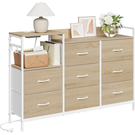 WOLTU 8 Drawer Chest of Drawers Bedroom Storage Furniture with Charging Station, Light Oak Effect+White