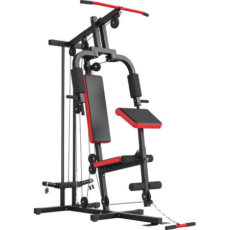 Station musculation multifonction disques libres banc amovible, 136x107x205 cm, noir rouge (1/5)