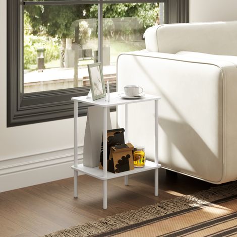 Mesita auxiliar moderna de 2 niveles con compartimento de almacenamiento y estructura metálica para salón o dormitorio, color blanco.