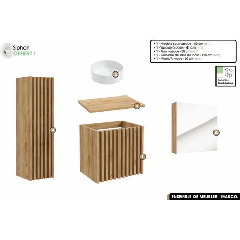 Ensemble complet de salle de bain - Meuble - Colonne - Miroir - Vasque à poser avec Siphon OFFERT MARCO Oak 60 x 56 x 45 cm (1/5)