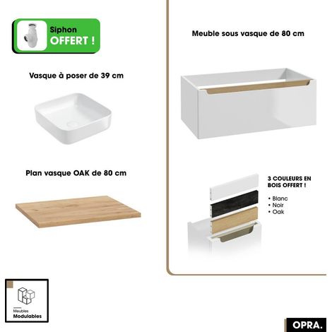 Ensemble meuble sous vasque avec plan et vasque à poser - Siphon OFFERT  OPRA  Blanc-Oak  80 × 30 × 45 cm (1/5)