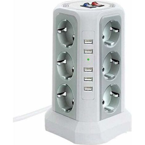Tour multiprise parafoudre et surtension, Multiprise Electrique avec 5 Ports USB et 12 Prises, multiprise avec et 3 Interrupteurs, Blanc (1/4)