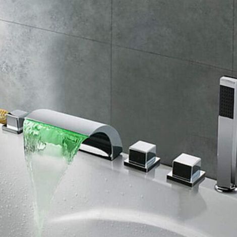 Wasserfall Badewannenarmatur 5 Loch Set Wannenrandarmatur LED Thermostat-Duscharmatur für Dusche und Badewanne Wasser Mischbatterie Wandhalterung Messing Chrom Edelstahl