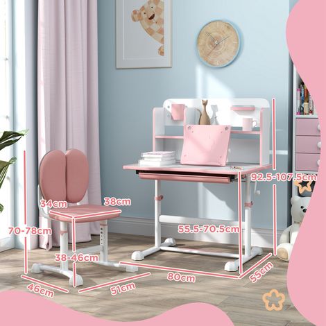 Set Scrivania e Sedia per Bambini 3-12 Anni Regolabili in Altezza, Banco Scuola con Piano Inclinabile 45°, Cassetto, Scaffale, Portapenne e Leggio, in Acciaio e MDF, Rosa (1/5)