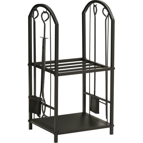 Portalegna per Camino Legnaia a 2 ripiani in Metallo 41,5x32,5x74,5 cm Max 60Kg con attrezzi Nero (1/5)