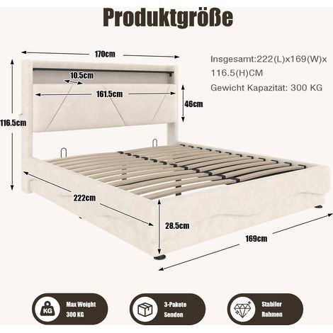 Lit contemporain capitonné 160x200 cm – Tête de lit lumineuse LED avec tiroirs de rangement, espace de stockage sous le lit, sommier à lattes sur vérins silencieux, ports USB homologués, poches latéra