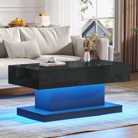 Table basse 100 x 50 x 45 cm avec 2 tiroirs, table haute brillance avec bande LED, design minimaliste,Noir