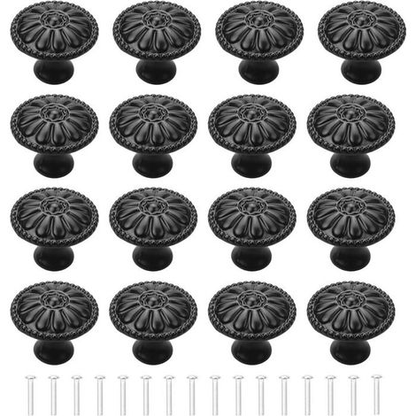 Lot de 16 poignées de porte d\'armoire noires, boutons de tiroir ronds, poignée de placard à un trou