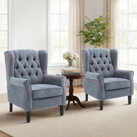 Fauteuil Vintage Mi-Siècle Lot de 2, Fauteuil à Oreilles Rembourré avec Capitonnage Boutonné, Housse en Tissu et Pieds en Bois Massif pour Salon, Bureau, Café - Bleu (1/5)