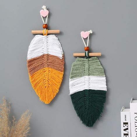 2 Pièces Feuille Macramé Decoration Murale, 26X13cm Décoration Murale en Macramé, Macrame Mural pour Chambre à Coucher, Salon, Bureau, Café, Appartement (1/5)