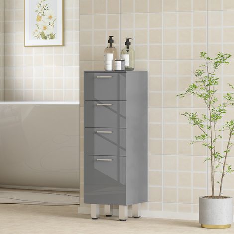 Meuble de salle de bain à 4 tiroirs, en panneau de particules, finition lisse, couleur grise, armoire de rangement pour salle d'eau, placard de douche, meuble sous lavabo (1/5)