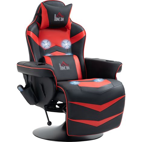 Chaise gaming massante avec repose-pieds et coussin, en similicuir, 78x80x111.5 cm, noir et rouge (1/5)