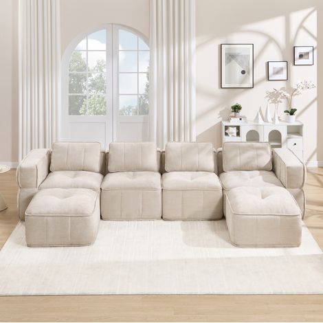 Sofá modular en U de 4 plazas con 2 pufs, espuma 32D, poliéster beige HAVRYA (1/5)