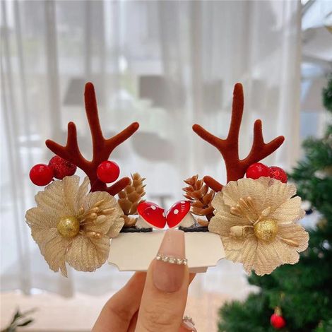Christmas Antler Hair Clips Cute Exquisite Plush Reindeer Hair Barrettes for Christmas Parties Birthday Parties Cosplay 13 Golden Flower Khaki Antlers